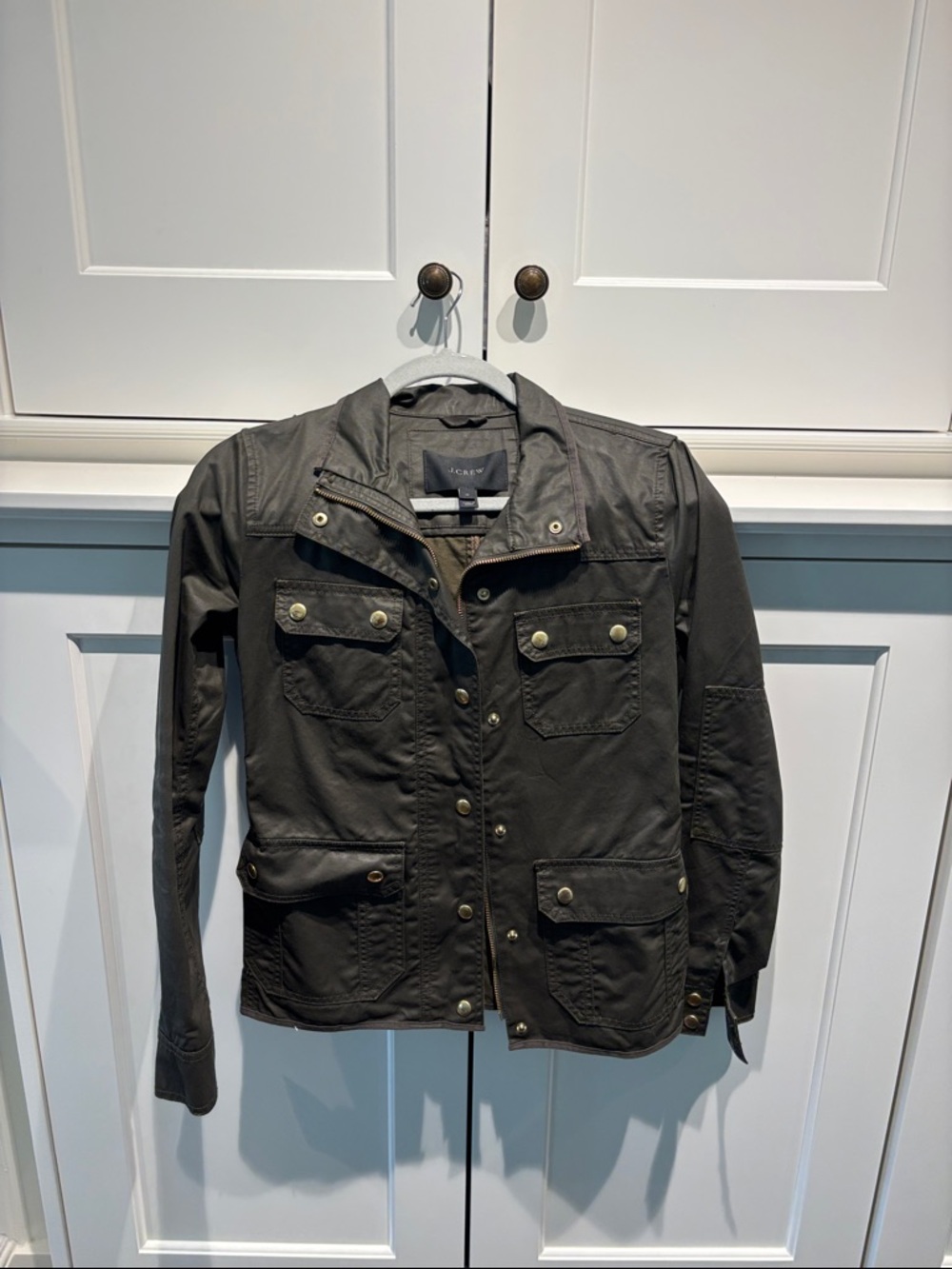 J. Crew Olive Green waxed Cotton Utility Jacket with Front Pockets
